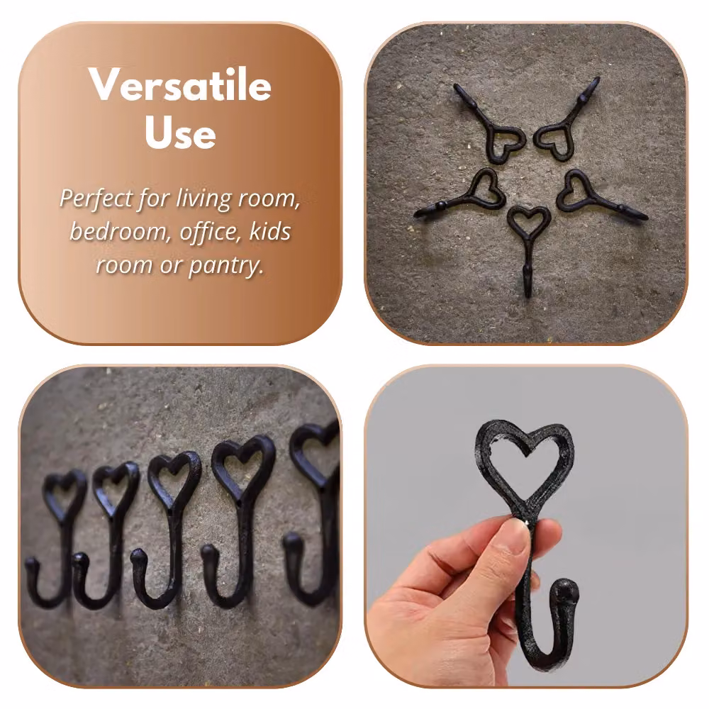 Marco Paul Set of 5 Black Metal Wall Mounted Love Heart Coat Rack and Hooks – 5