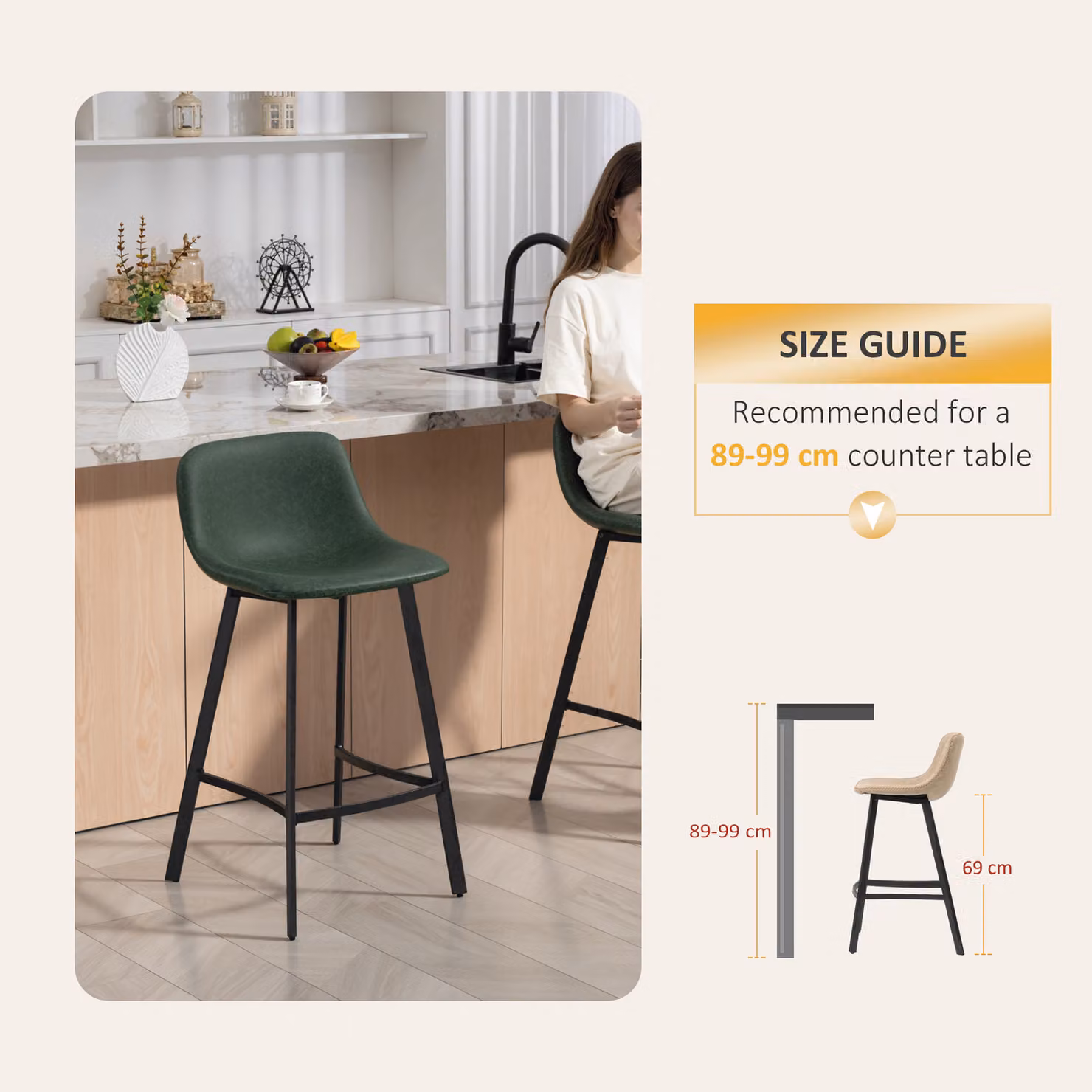 HOMCOM Set of 2 Green PU Leather Bar Stools with Backrest and Footrest – 4