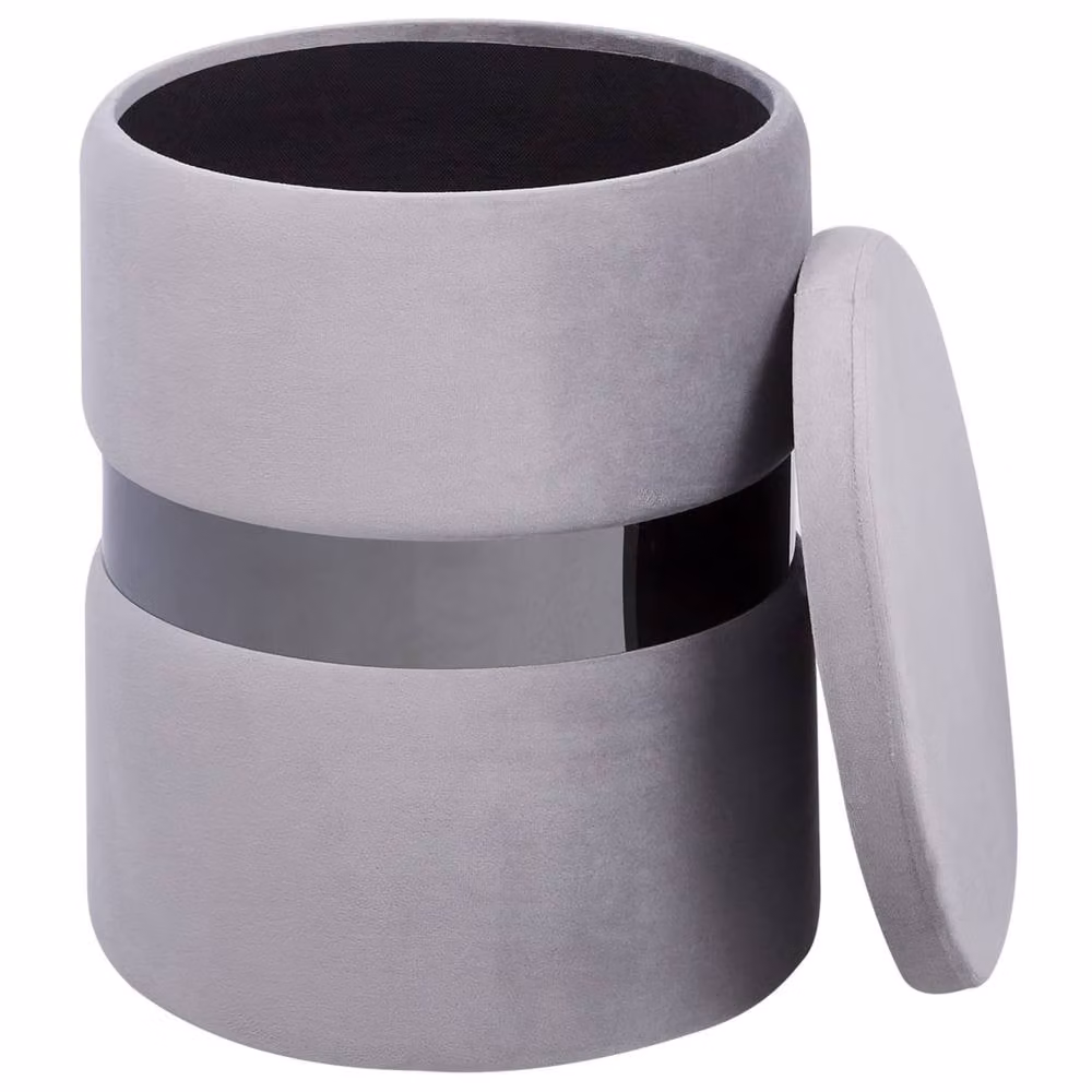 Wyld and Coco Set of 2 Grey Velvet Cylindrical Storage Pouffes with Stainless Steel Metal Frame – 4