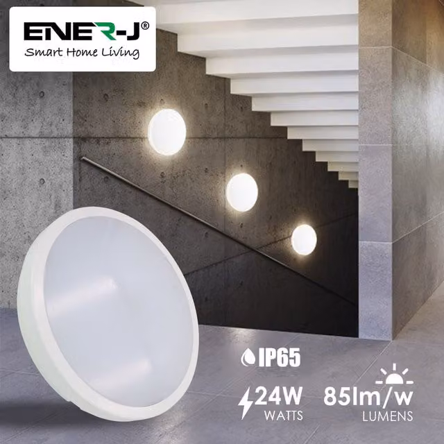 EnerJ Smart 24W LED Bulkhead Ceiling Light, IP65 Waterproof, 2000 Lumens, 4000K, White