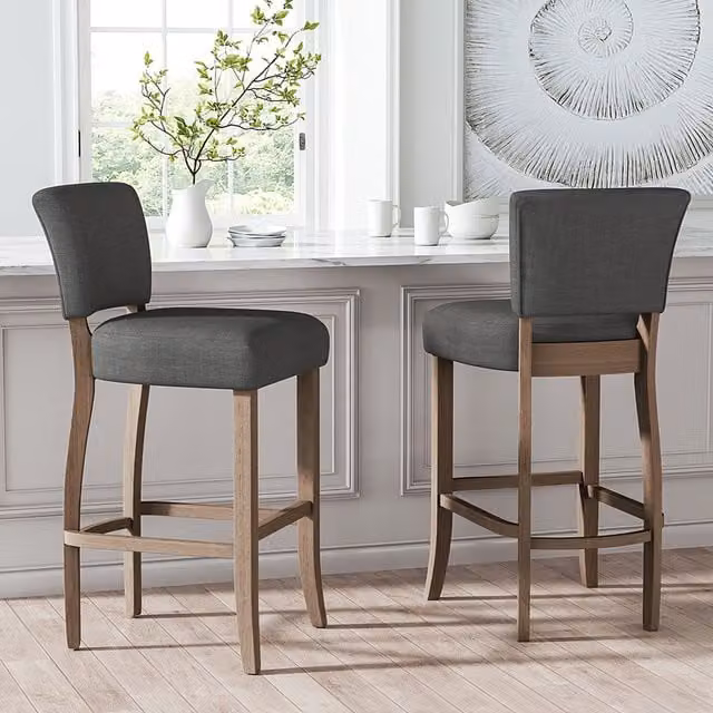 Livingandhome Set of 2 Dark Grey Linen Bar Stools with Solid Wood Legs and Footrests