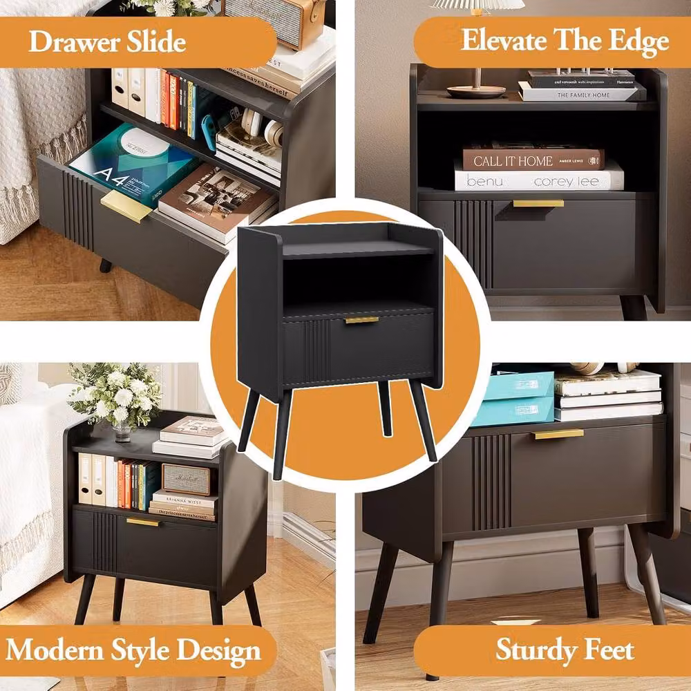 Huhote Stylish Black 2 Tier Bedside Table with Drawers – 6