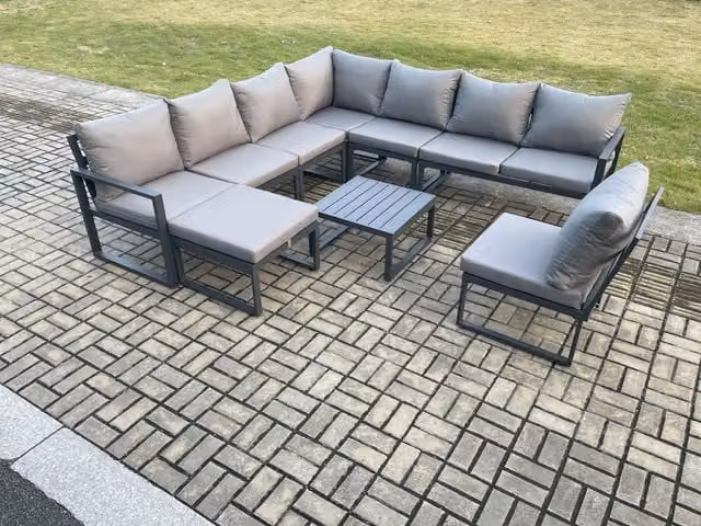 Fimous 9 Seater L-Shape Outdoor Garden Furniture Set in Dark Grey with Powder Coated Aluminium Frame, Square Coffee Table and Ottoman