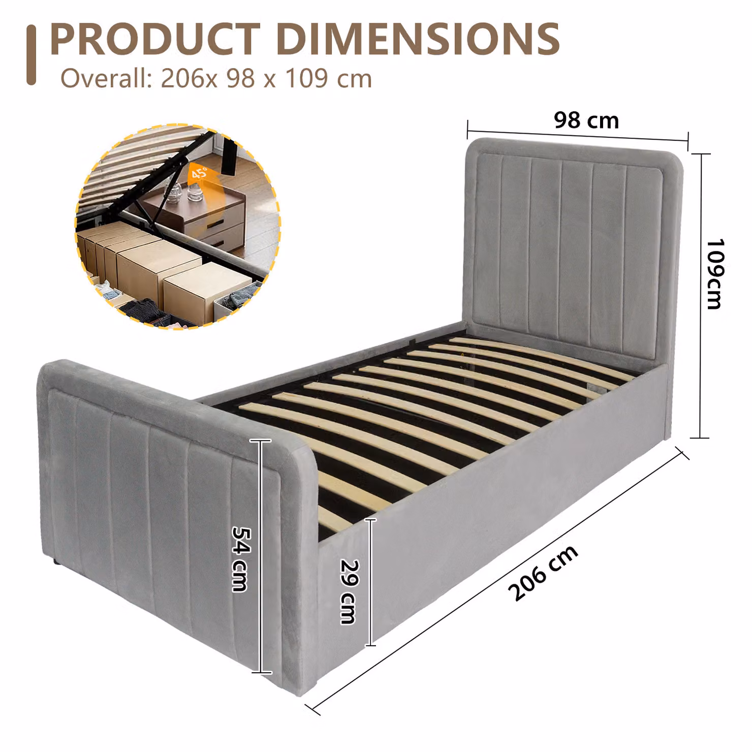 Comfy Living Grey Velvet Ottoman Bed Frame with Lift Up Base, W/D/H: 90 x 190 cm – 3
