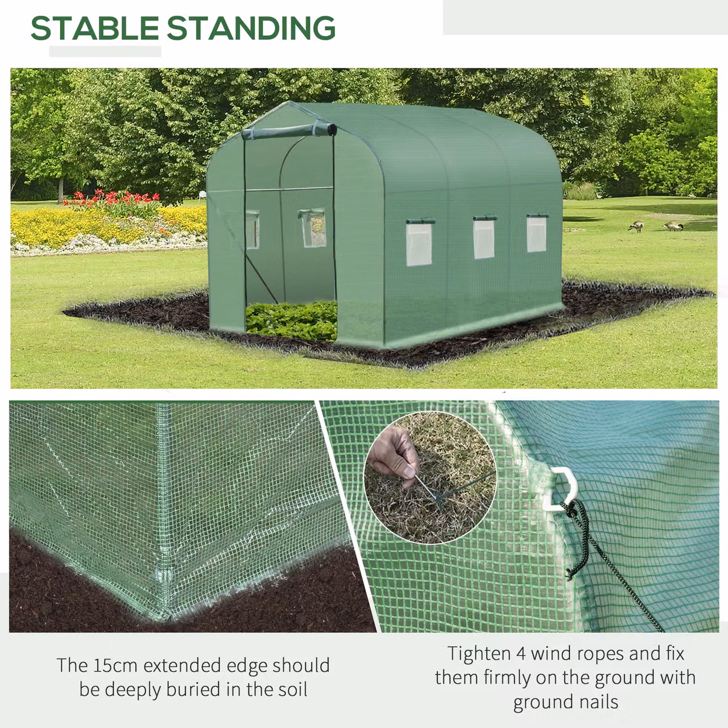 OUTSUNNY Green Walk-in Polytunnel Greenhouse with Galvanised Steel Frame and Zipped Door – 3