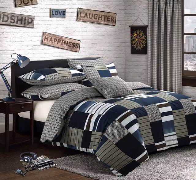 Velosso Modern Reversible Blue Graphic Duvet Cover and Pillowcase Set, W: 140 cm, L: 200 cm