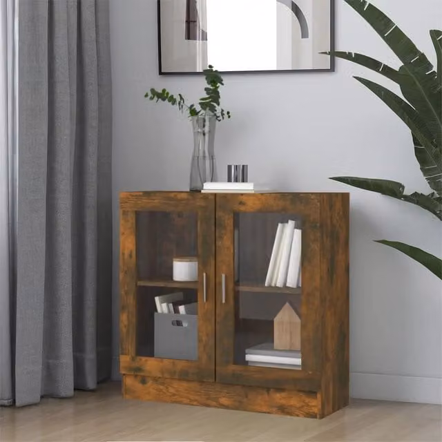 Berkfield Home Smoked Oak Vitrine Cabinet in Brown with Glass Doors, W/D/H: 82.5 x 30.5 x 80 cm – 1