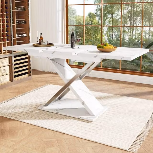 Rolipo Minimalist Extendable Rectangular Dining Table with Marble Effect White Glossy Top and Metal X-Frame Legs – 1