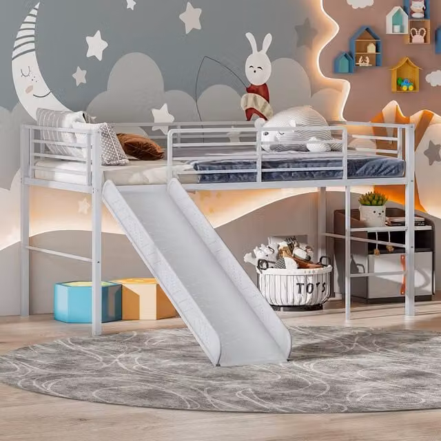 Costway Single Low Loft Bed with Metal Frame and Safety Guardrails in Silver