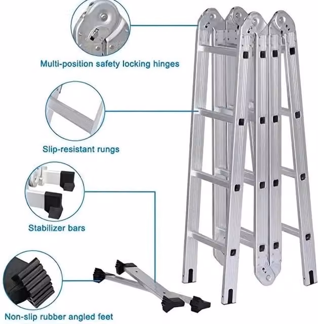 VOGREX 14 in 1 Aluminium Multi-Purpose Folding Platform Ladder, 4.7m, Silver