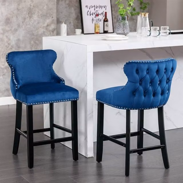 Modern Home Touch Set of 2 Blue Velvet Upholstered Bar Stools with Wood Legs – 1