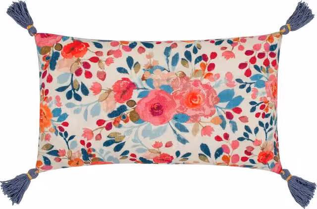 Make it a Home Posies Floral Tasselled Rectangular Cushion in Multicolour, Blue and White with Feather Filling
