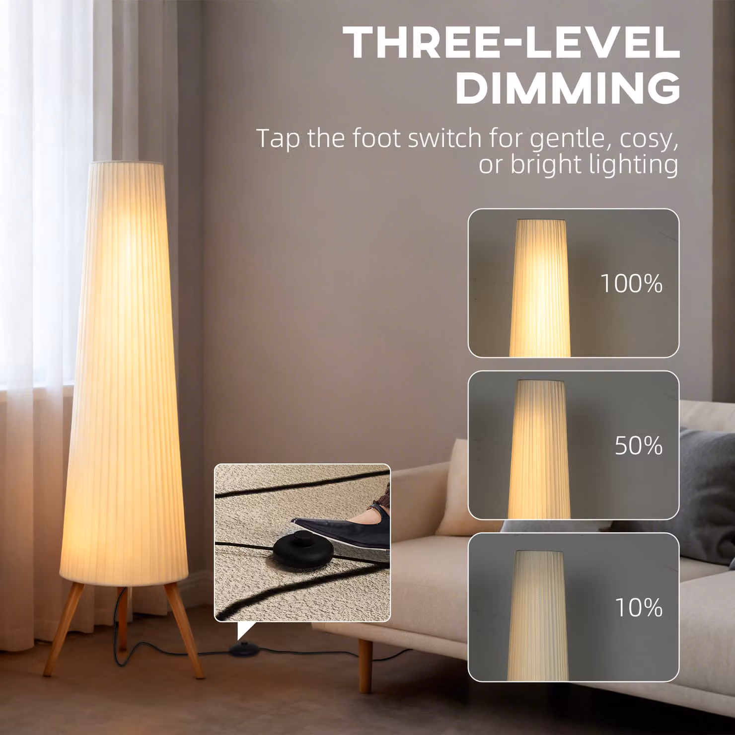 HOMCOM Dimmable Nordic Tripod Floor Lamp with Wood Legs and White Fabric Shade, Height: 153 cm – 3