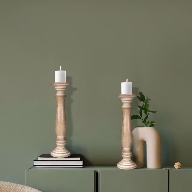 Topfurnishing Set of 2 Rustic Antique Carved Wooden Pillar Church Candle Holders in Brown, Yellow and Beige, W/D/H: 13 x 13 x 31 cm
