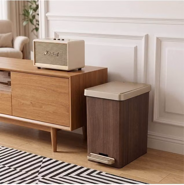 Living and Home Square Wood Effect Pedal Bin with Dual Open Lid in Brown, Medium – 1