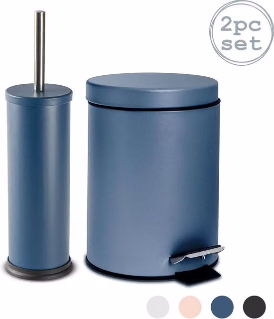 Harbour Housewares Blue Pedal Bin and Toilet Brush Set with Matching Stainless Steel Finish