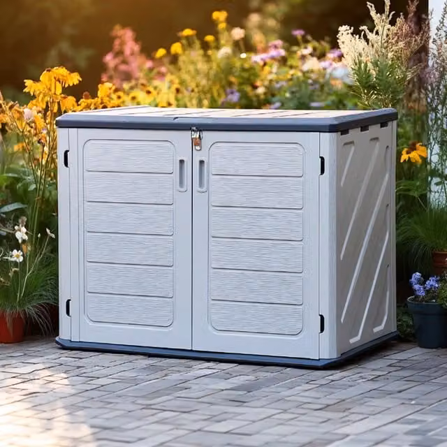 Oseasons Heavy Duty Outdoor Garden Storage Box with Hinged Doors in Grey and Blue