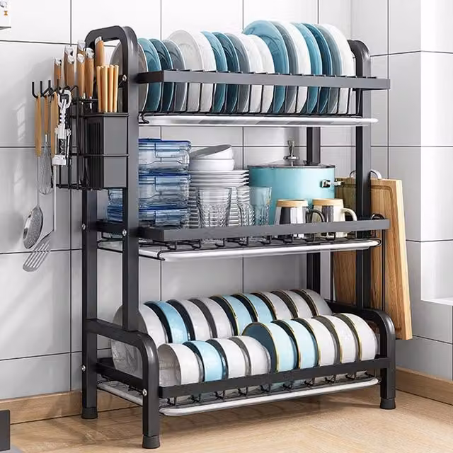 FORGEVIO 3 Tier Metal Dish Drainer Rack with Drip Tray in Black