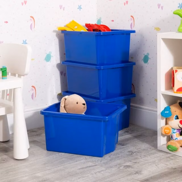 Wham Set of 4 Stackable and Solid Blue Plastic Store Boxes, 28 l