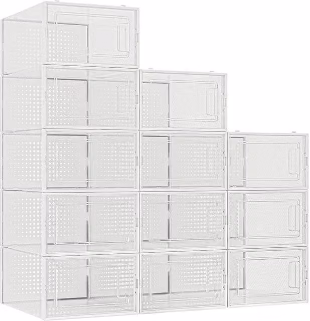 FLAVORA 12 x Stackable and Foldable Plastic Shoe Storage Boxes in Transparent, Width: 50 cm