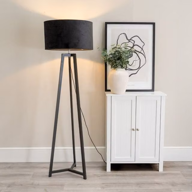 ValueLights Lottie Black Wood Tripod Floor Lamp with Fabric Cylinder Shade and LED Bulb, H 148 cm x W 45 cm x D 45 cm – 1