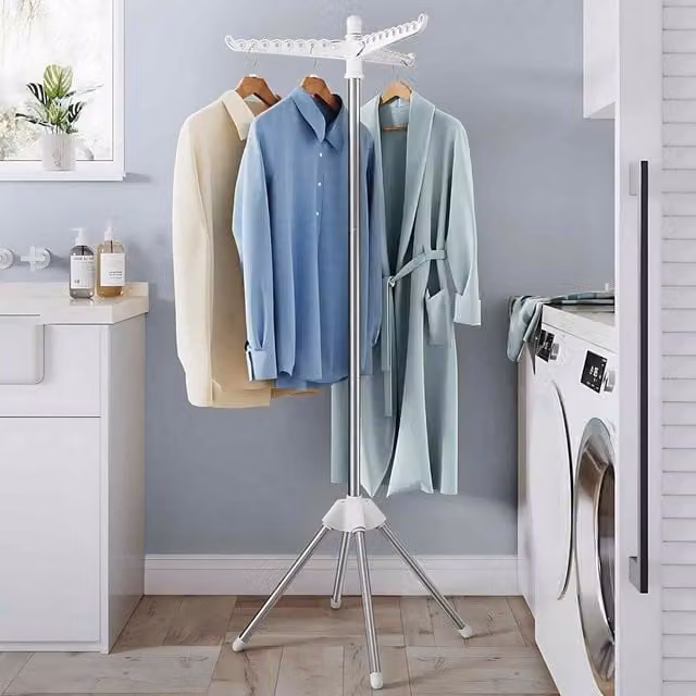 The Bazaarist Folding Clothes Airer with Rotating Arms in White and Silver