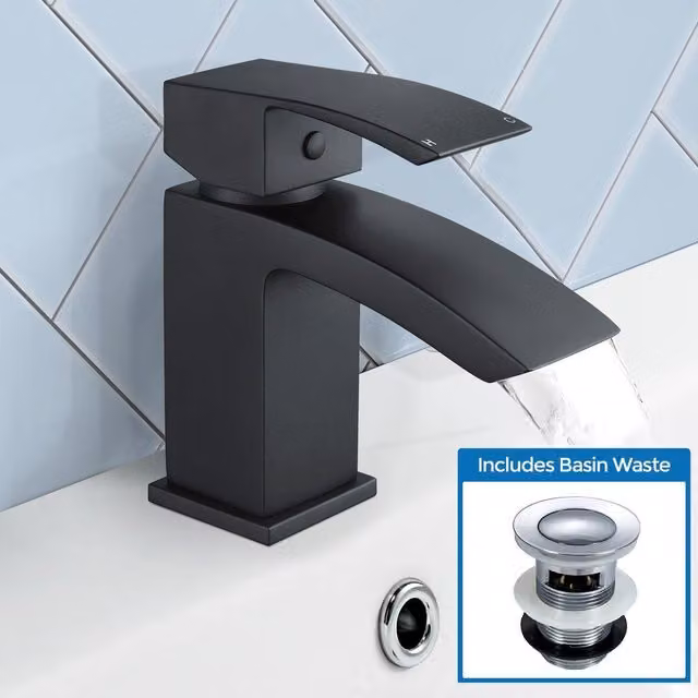 Nes Home Arke Single Lever Mono Mixer Bathroom Basin Tap with Pop Up Waste in Matt Black – 1