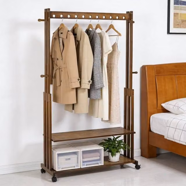 KORVIXA Industrial Clothes Rail with Bamboo Wood Hanging Rod in Brown Matt – 1