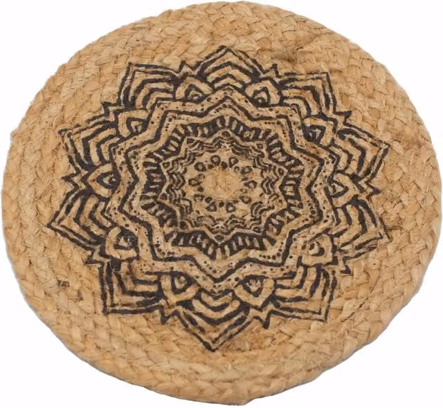 KDMK Set of 4 Round Brown Jute Mandala Place Mats with Boho Graphic Design