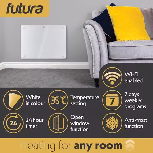 Futura 1000W WiFi Glass Panel Convector Heater, White, Wall Mounted or Freestanding – 3