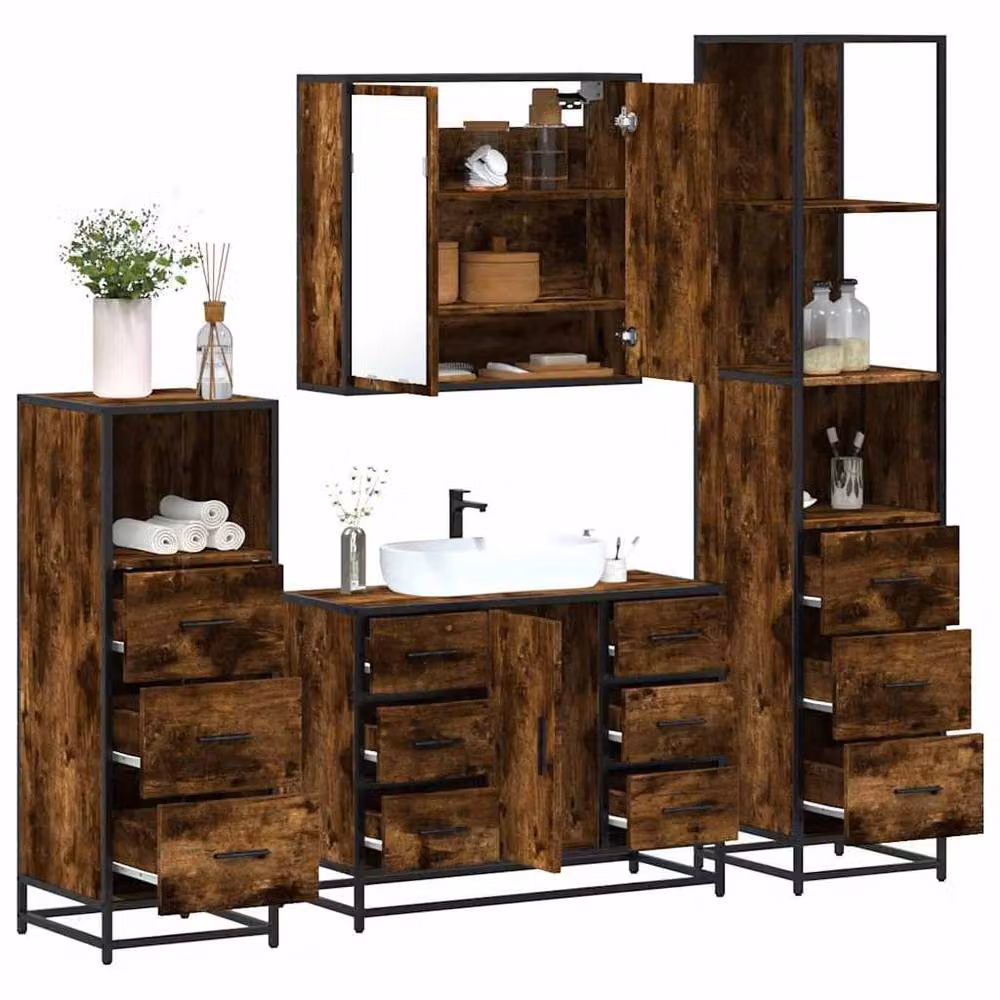 Berkfield Home 4-Piece Industrial Bathroom Furniture Set in Smoked Oak and Brown – 2