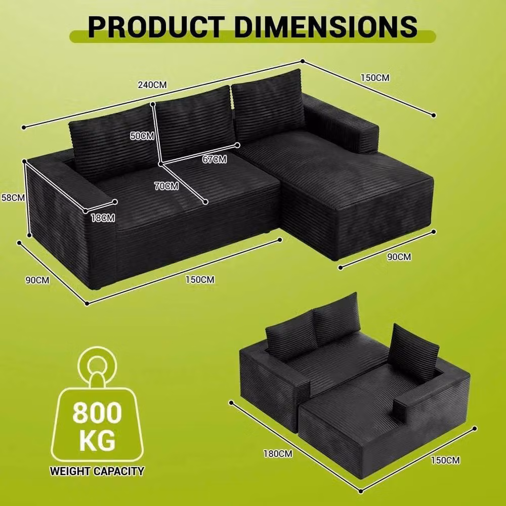 FORGEVIO Black L-Shaped Modular Boneless Sofa with Scatter Cushions – 2