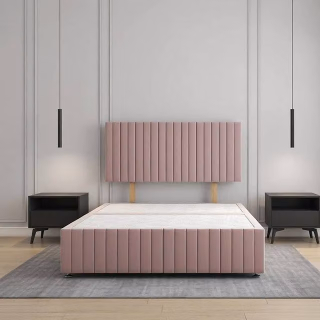 Regional Furnishings Plush Velvet Upholstered Divan Bed Base with 24 inch Headboard in Pink, Small Double, W/D/H: 120 x 200 cm