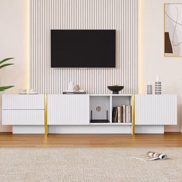 Merax Modern Glossy White and Gold Media Console with Drawers and Shelves