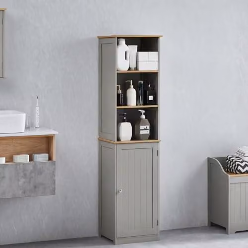 Bath Vida Priano Grey Bathroom Tallboy Storage Cabinet with Mirror and Internal Shelves, W: 38 cm, D: 15 cm, H: 160 cm
