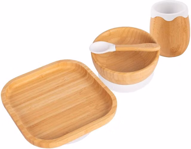 Tiny Dining 4pc Square Bamboo and Silicone Baby Feeding Set in White