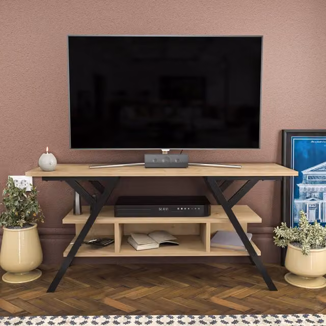 Decorotika Minimalist Black TV Unit with MDF and Metal Construction, W: 120 cm