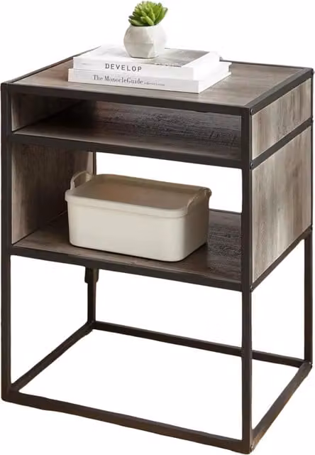 Pirlo Plush Industrial Square Side Table with Open Storage in Grey Walnut and Brown