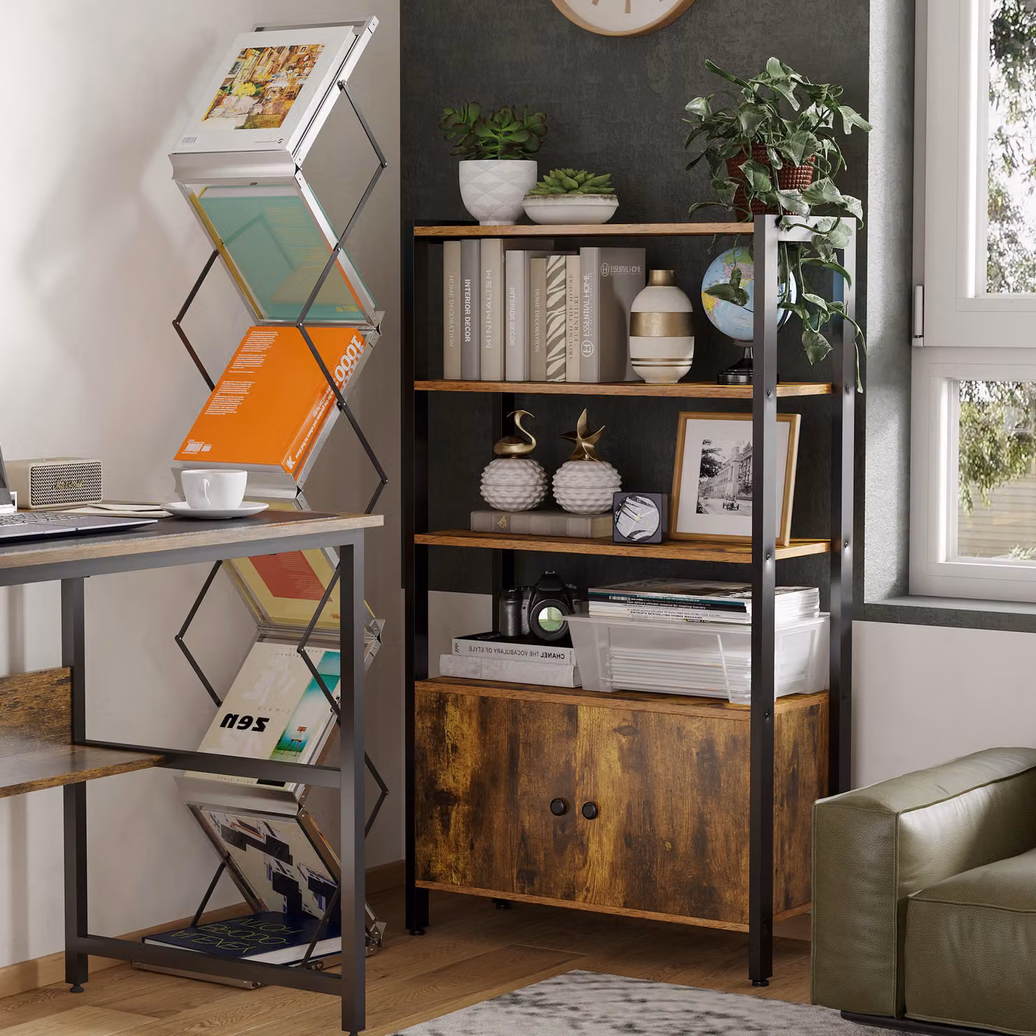 HOMCOM Industrial 3-Tier Bookshelf and Storage Cabinet with Doors in Rustic Brown – 2
