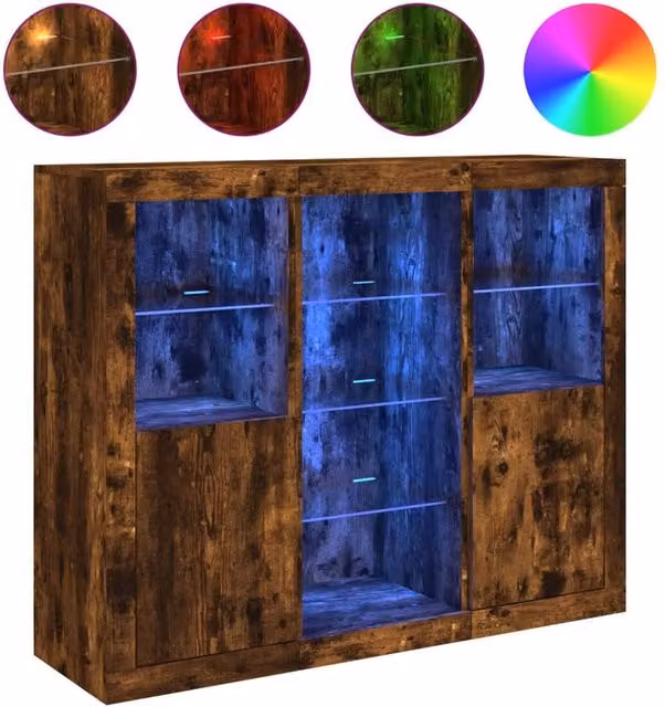 Berkfield Home Set of 3 Modern Smoked Oak Sideboards with Integrated LED Lighting in Brown – 1