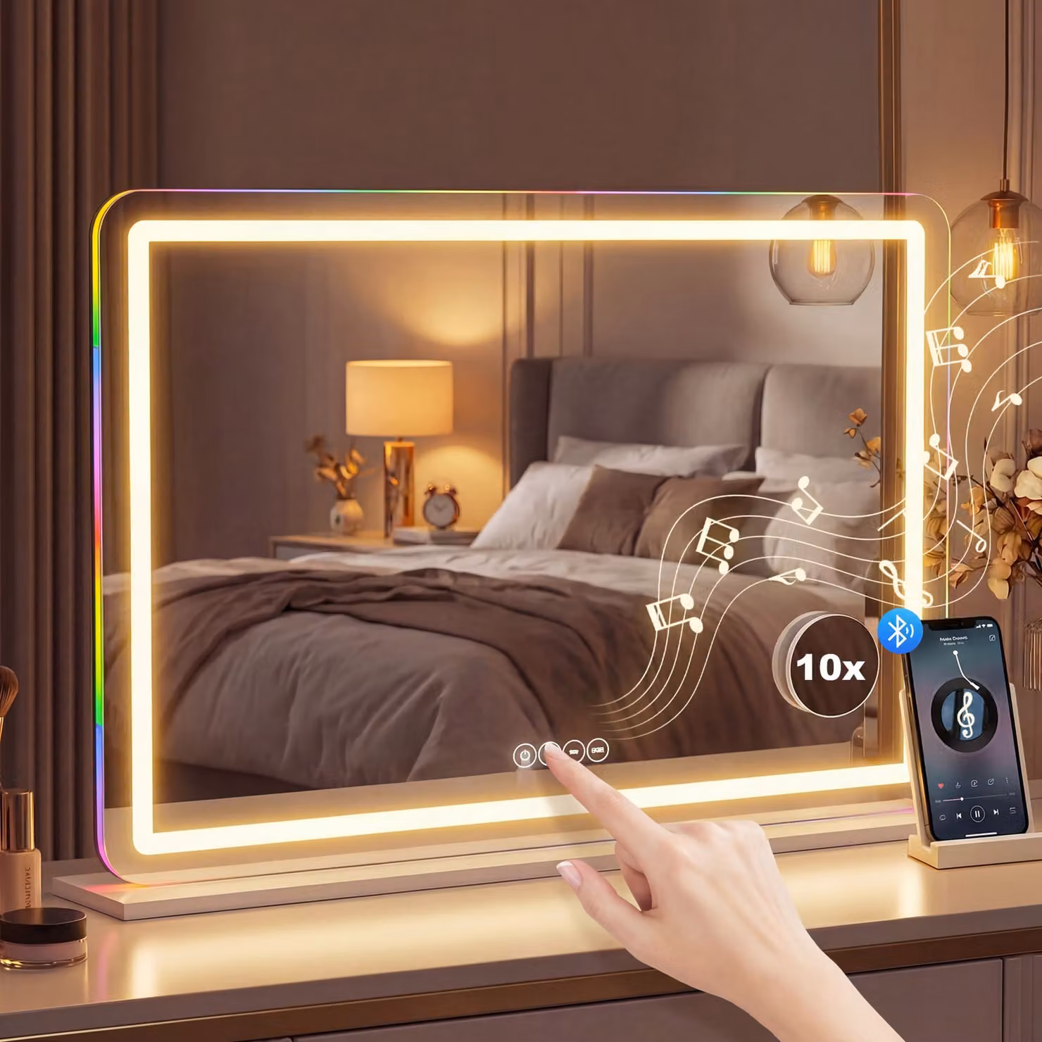 HOMCOM White LED Vanity Mirror with Dimmable RGB Lights and Bluetooth Speaker – 2
