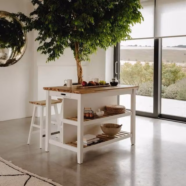 Florence Breakfast Bar with Shelves in White Acacia Wood, W/D/H: 126 x 78 x 91 cm