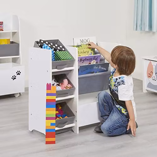Liberty House Toys Kids White Lacquered Wood Display Unit with Grey Fabric Storage Boxes, W/D/H: 60 x 30 x 65 cm – 2