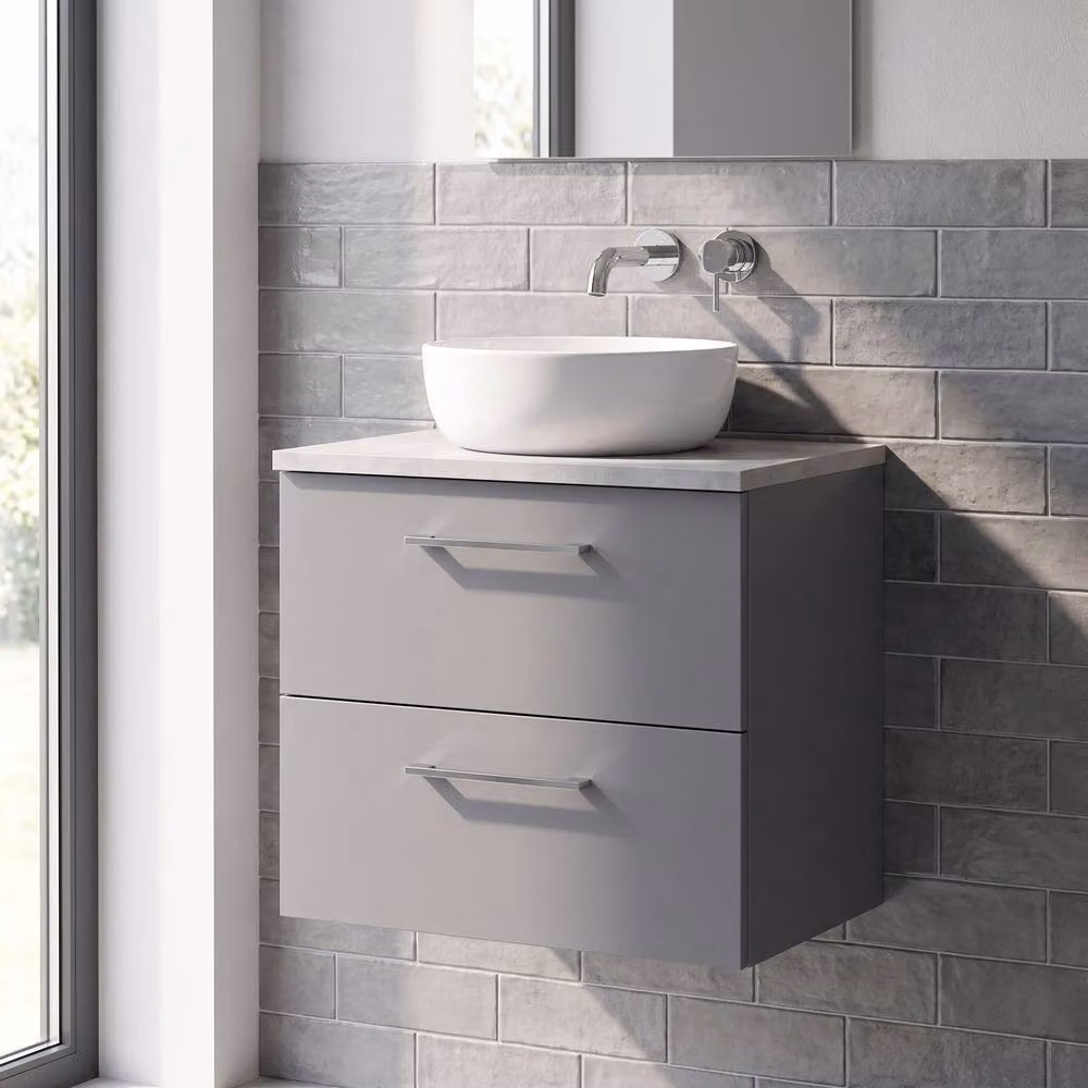 Balterley Level 600mm Wall Hung 2 Drawer Unit with Laminate Worktop, Satin Grey – 3