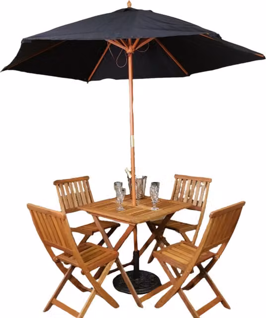 Samuel Alexander Classic 4 Person Folding Square Wooden Patio Dining Table in Brown with Black and Green Parasol