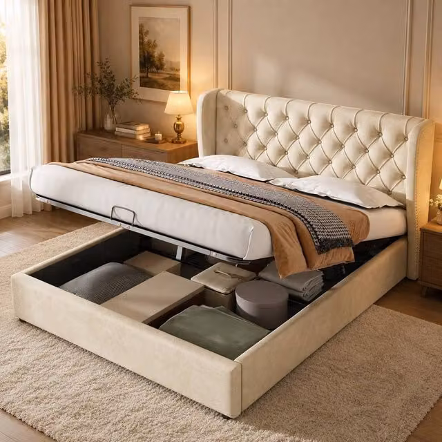 Merax Beige Velvet Upholstered Double Ottoman Storage Bed Frame, W: 135 cm x D: 190 cm – 1