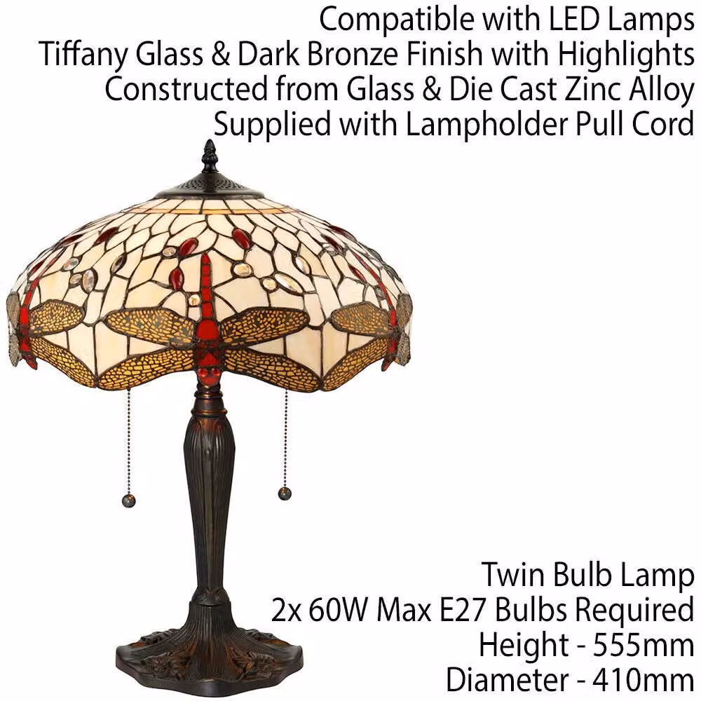 Loops Tiffany Glass Table Lamp with Red Dragonfly Shade in Dark Bronze and Multicolour – 2