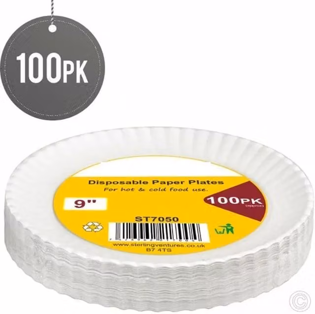 UMKY 100 Disposable White Paper Plates, 22.86 cm, for Hot and Cold Food