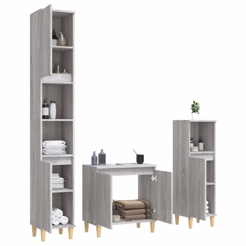 Berkfield Home 3 Piece Modern Grey Bathroom Furniture Set with Tall Cabinet and Hinged Doors – 2