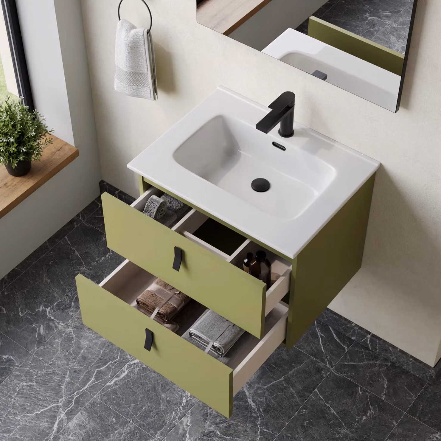 Banyetti Invicta 600mm Wall Hung Vanity with Athena Basin, Sage Green – 2